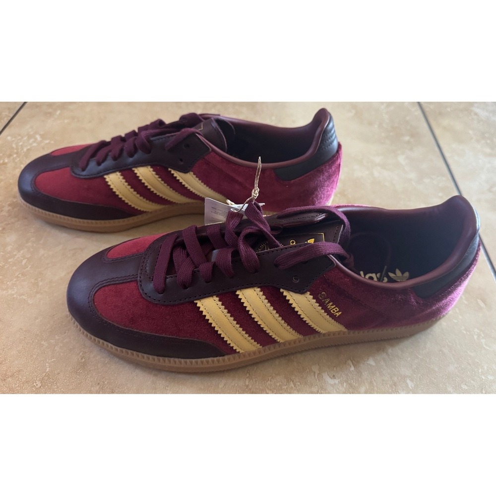 Adidas Samba OG Shoes Women 10 Burgundy Gold Velvet Leather JS1394 Sneakers NEW